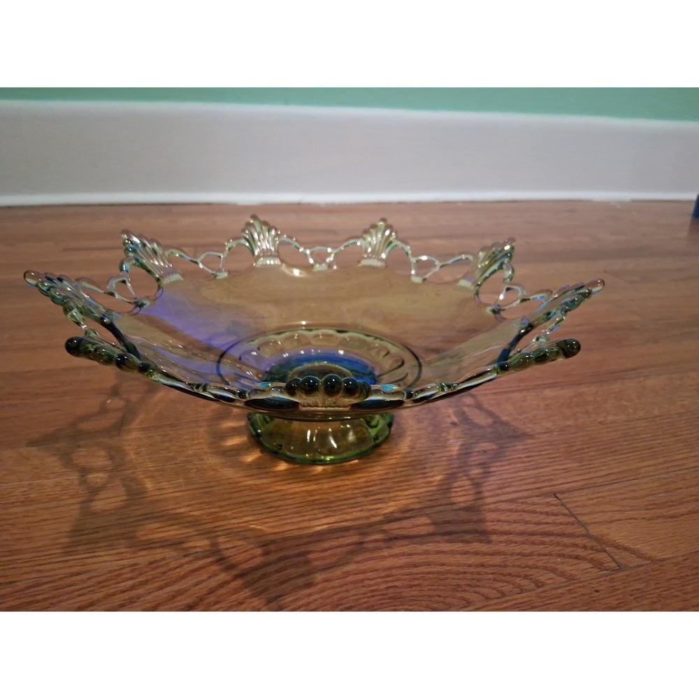 Westmorland Glass GREEN  Reticulated Lace Edge Ring & Petal Fruit Console Bowl